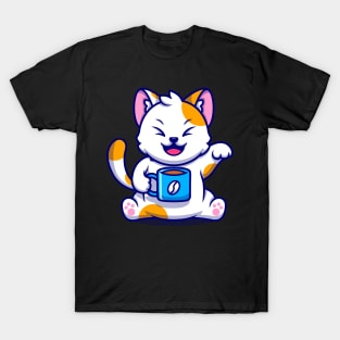 Cat and Coffee Kawaii Blue - Cute T-Shirt